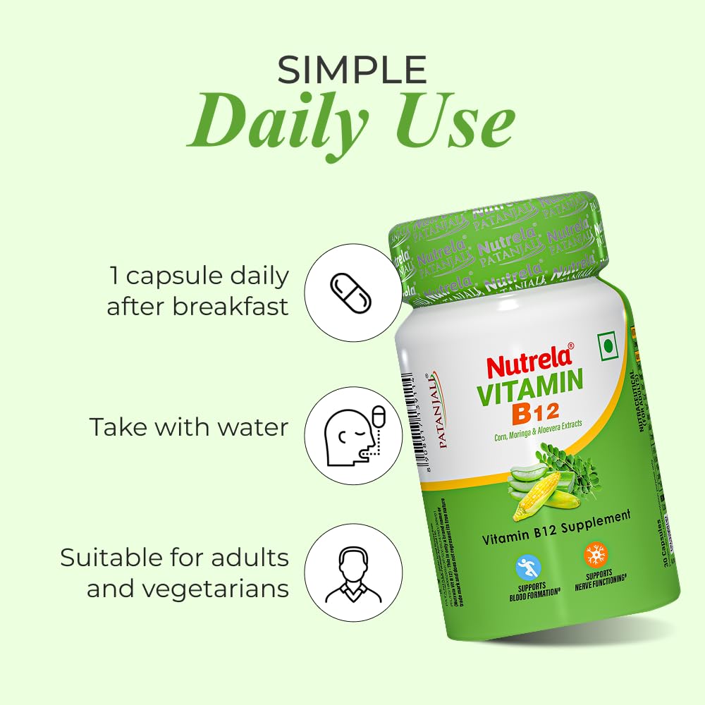 Nutrela Vitamin B12 Biofermented Plant Based Supplement for Men & Women with Moringa and Aloe Vera Extract Capsule, 30 Count