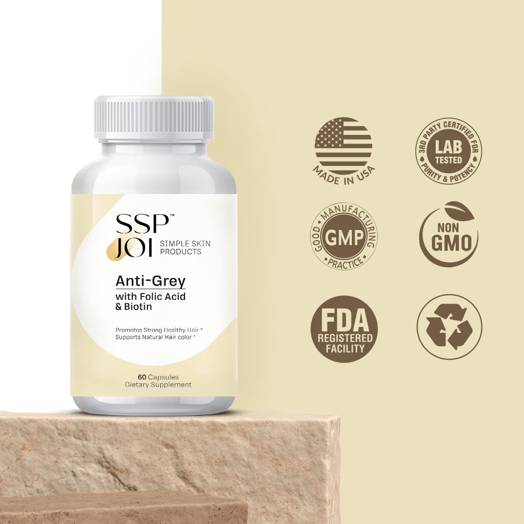 sspjoi Hair Growth Supplement 250 mg - Anti-Grey Supplement for Men and Women with Folic Acid, B-Vitamins & Biotin - Supports Grey Hair Change and Promotes Strong Healthy Hair Capsule 60