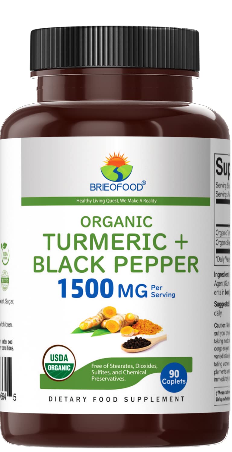 Brieofood Organic Turmeric with Black Pepper 1500mg Tablets, 90 Count