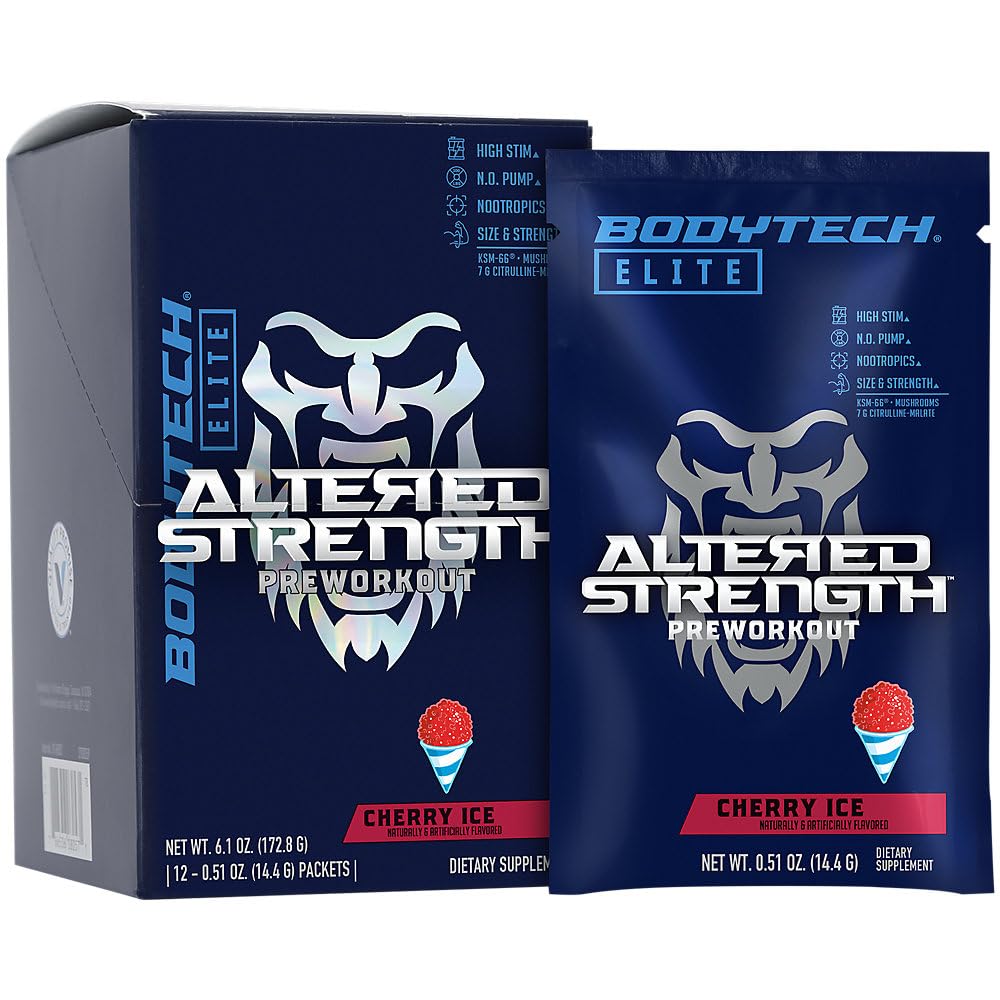 BodyTech Elite Altered Strength Preworkout with Nootropics Cherry Ice, 12 Single-Serving Packets