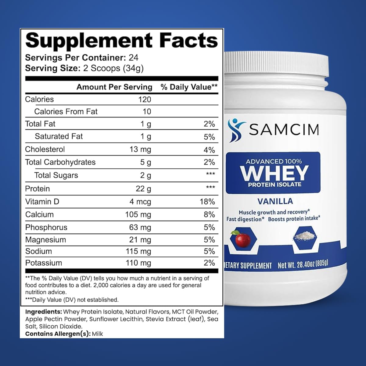 SAMCIM Advanced 100% Whey Protein Isolate Vanilla Flavor Protein Powder, 28.4 oz