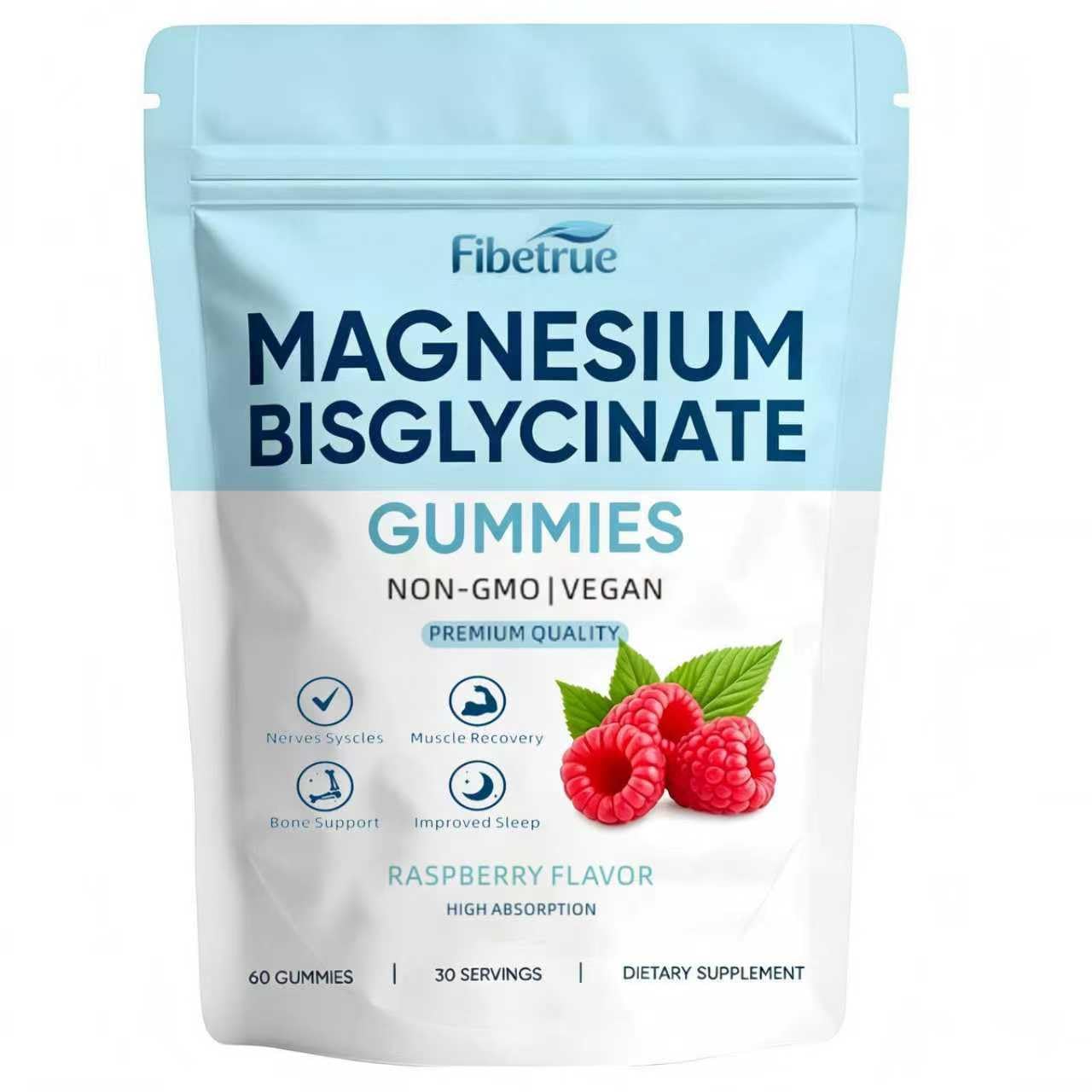 Fibetrue Magnesium Glycinate Gummies 400mg High Absorption Chelated Magnesium for Sleep, Muscle & Nerve Support, Vegan Raspberry Flavor, 60 Gummies