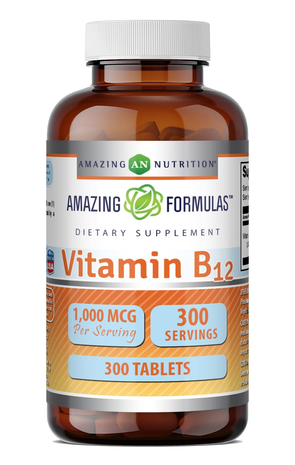 Amazing Nutrition Vitamin B12 (Cyanocobalamin) 1000 mcg Tablets, 300 Count