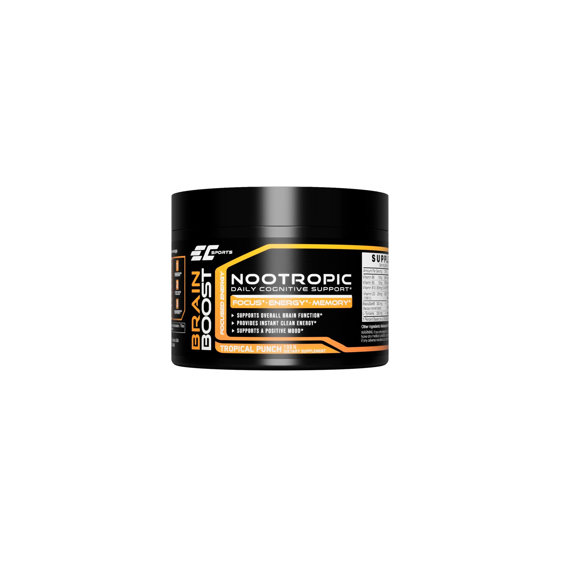 EC Sports Brain Boost Tropical Punch Nootropic Supplement for Focus, Faster Processing, Instant Energy & Performance w/ 18 Nootropics Powder, 1 oz