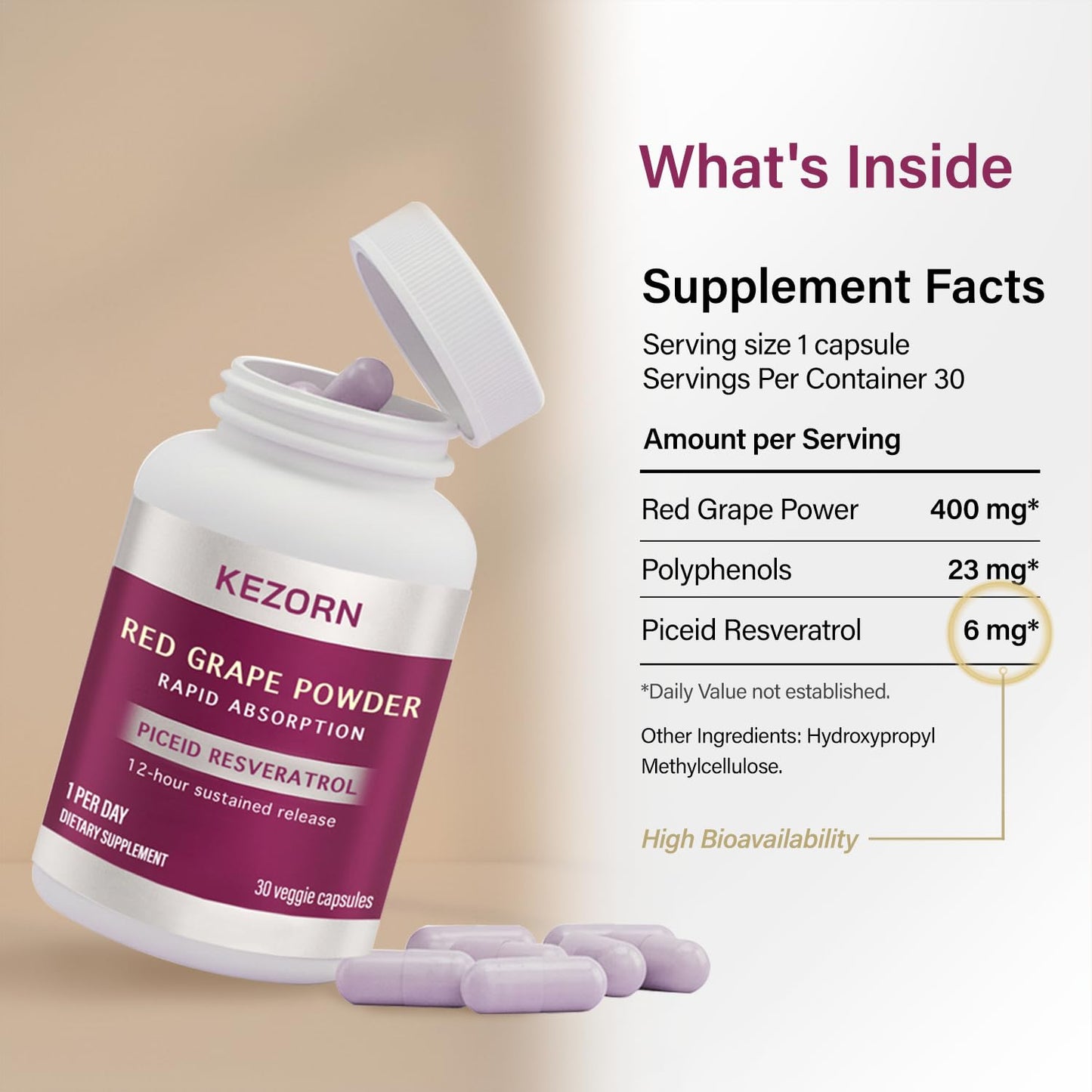 KEZORN Red Grape Powder Capsules, 30 Count