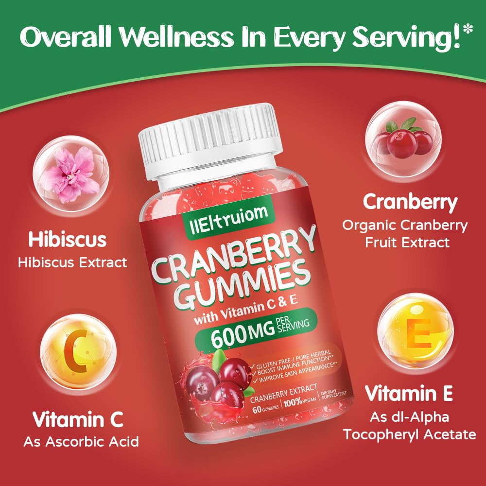 IIEltruiom Cranberry 600mg with Vitamin C & E Hibiscus Blend Sugar Free Gummies 120