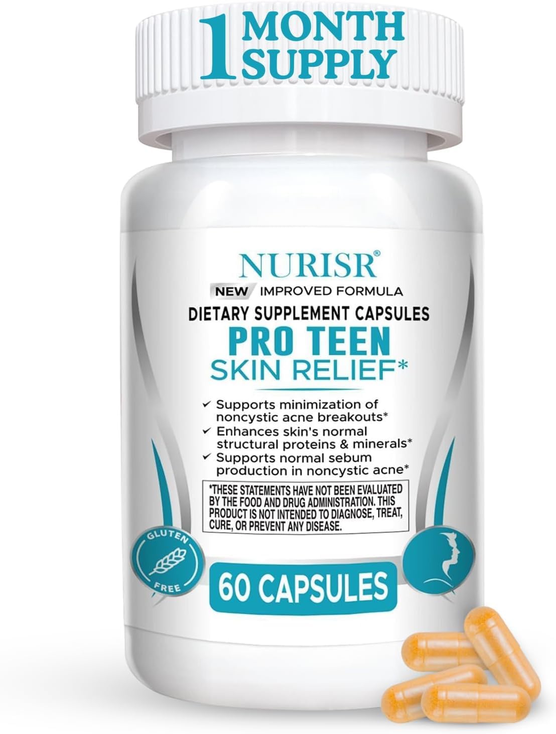 NURISR Acne Supplements for Teenagers with Vitamins A, B, C, E & Biotin for Clear, Radiant Skin - Gluten-Free, 60 Tablets