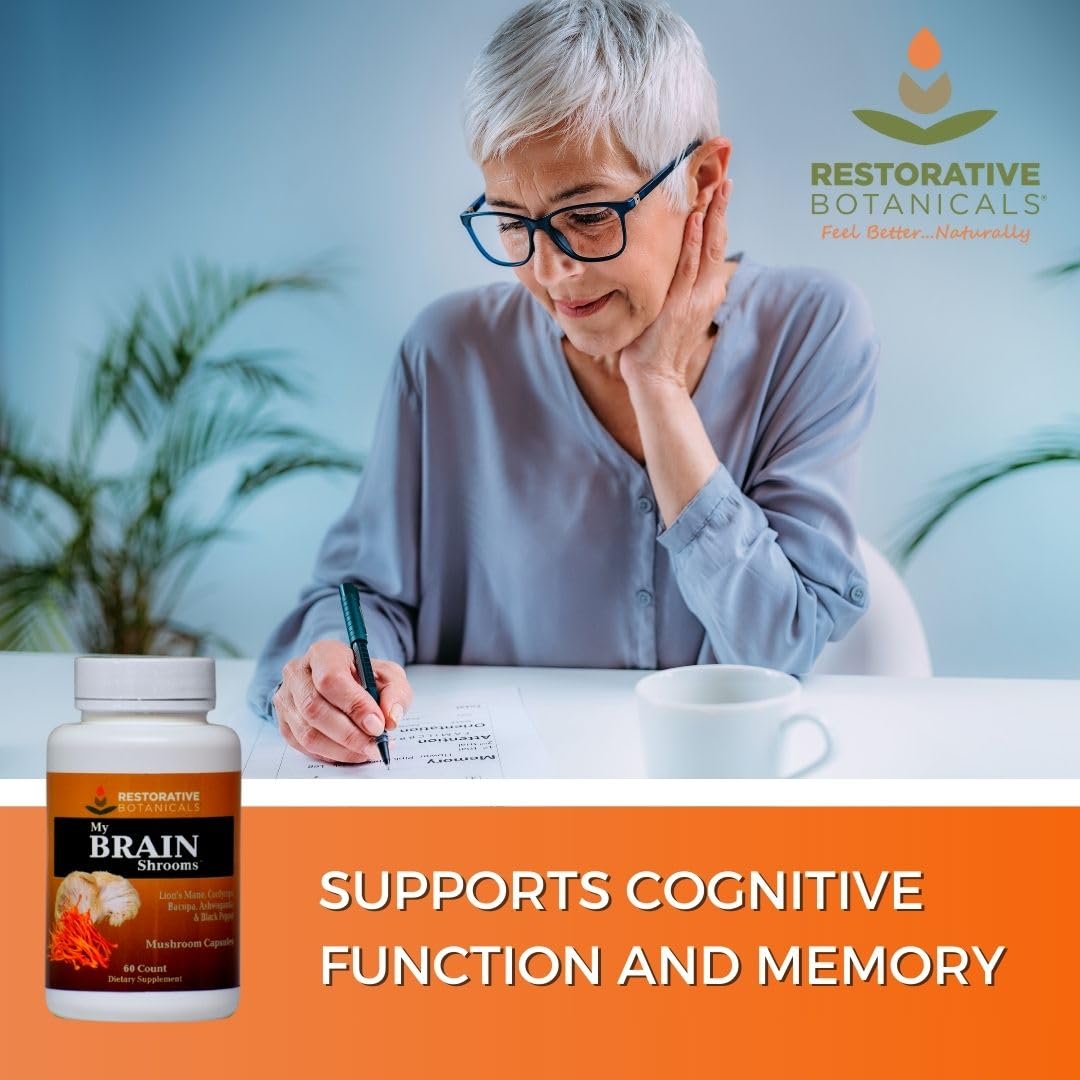 Restorative Botanicals My Brain Shrooms Lion's Mane, Cordyceps, Ashwagandha, Bacopa, Black Pepper Capsules, 60 Count