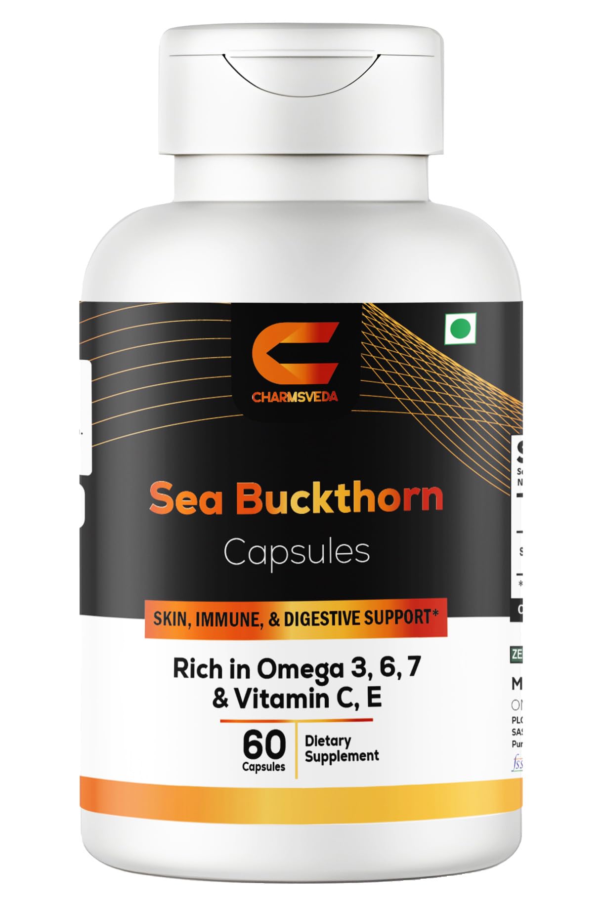 CHARMSVEDA Sea Buckthorn Capsules 1000 mg with Omega 3, 6, 7, Vitamins C & E for Skin Health, Immune Support & Overall Wellness, 60 Capsules