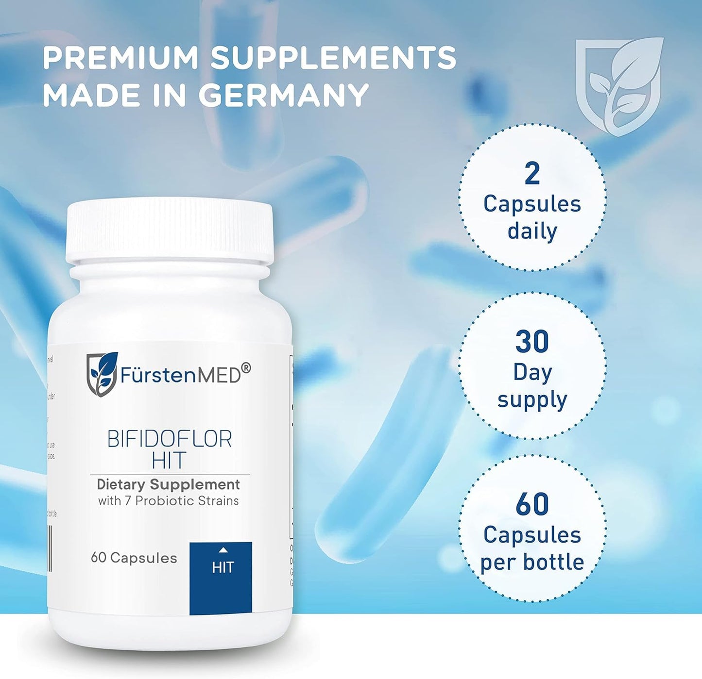 FürstenMED Bifidoflor HIT – Low Histamine Probiotic for Histamine Intolerance, Sensitive Gut & Digestive Health, 7-Strain Lactobacillus & Bifidobacterium, 15.6B CFU, Vegan, 60 Capsules
