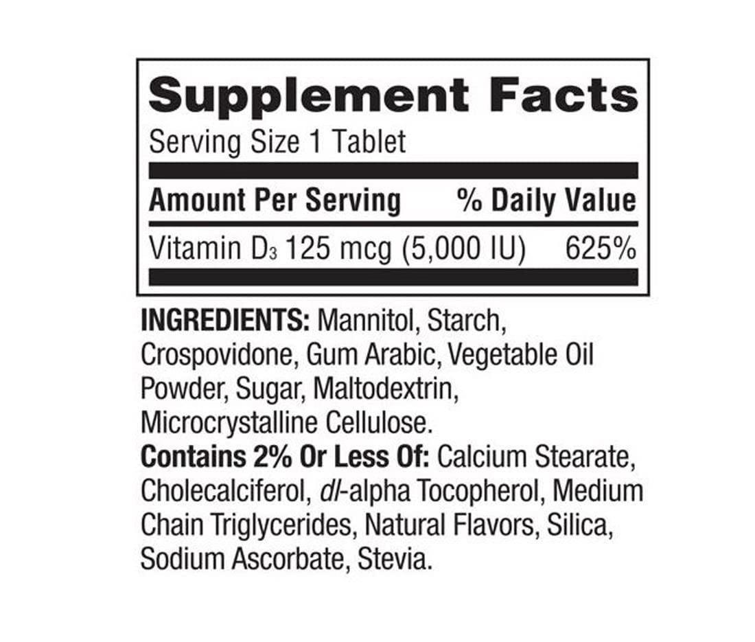 Generic Vitamin D3 Extra Strength Fast Dissolve Tablets Dietary Supplement, 125 mcg (5,000 IU), Strawberry Flavor, 90 Tablets