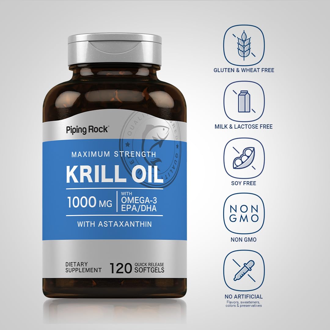 Piping Rock Krill Oil Omega-3 1000mg Softgel Capsules, 120 Count
