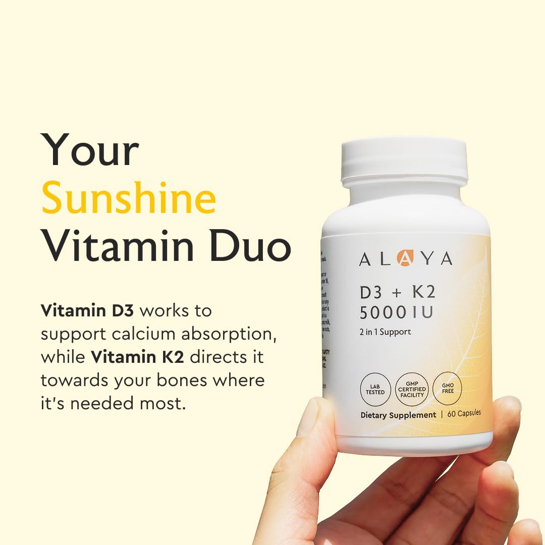 Alaya Naturals Vitamin D3 K2 5000IU with MK-7 for Bone & Immune Support, 60 Capsules