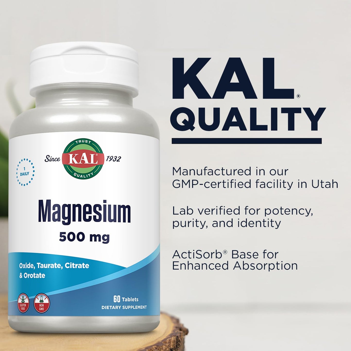 KAL Magnesium Tablets for Men & Women, Non-GMO, Vegetarian - 60 Tablets