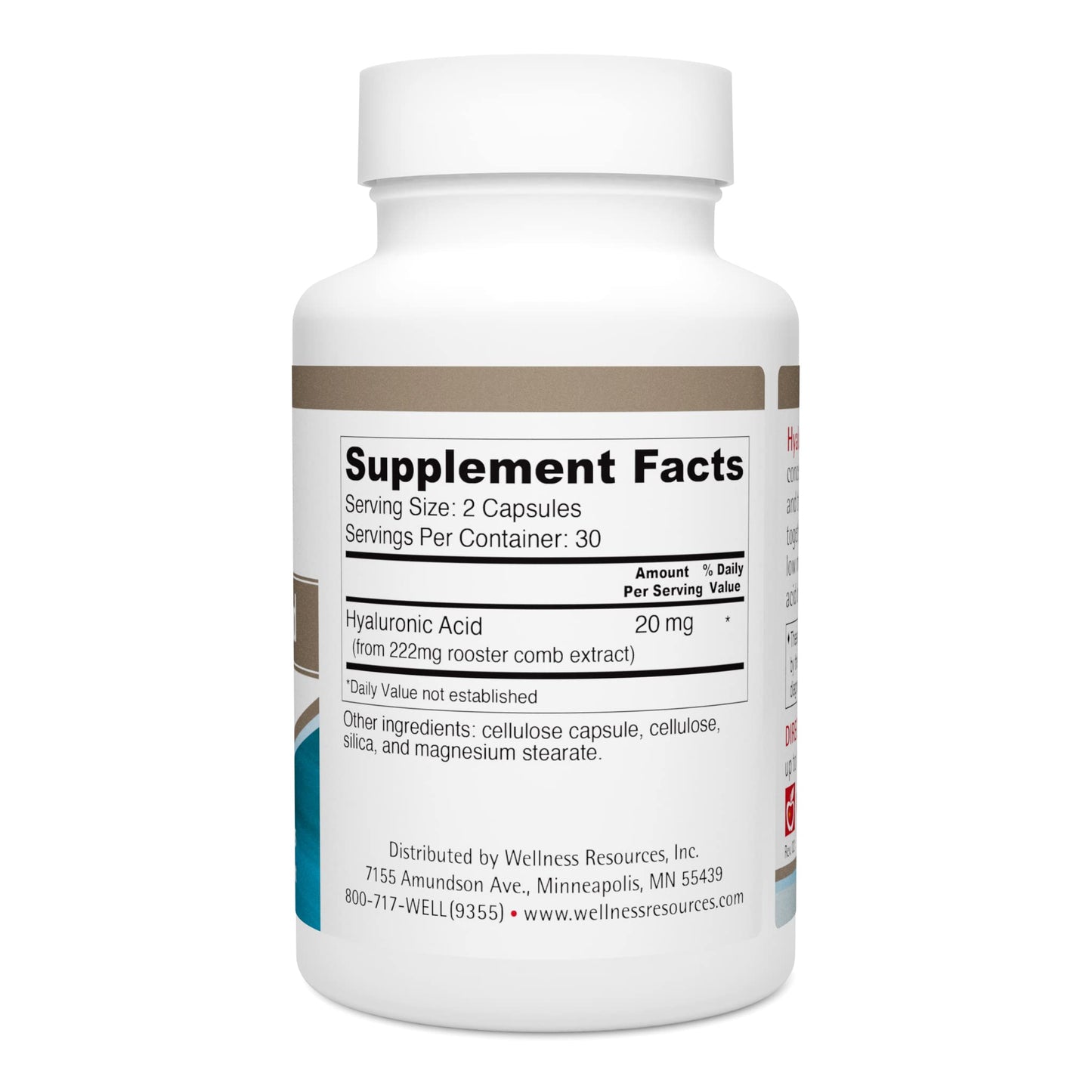 Wellness Resources Hyaluronic Acid from Rooster Comb, 100% Natural Source Low Molecular Weight, 60 Capsules