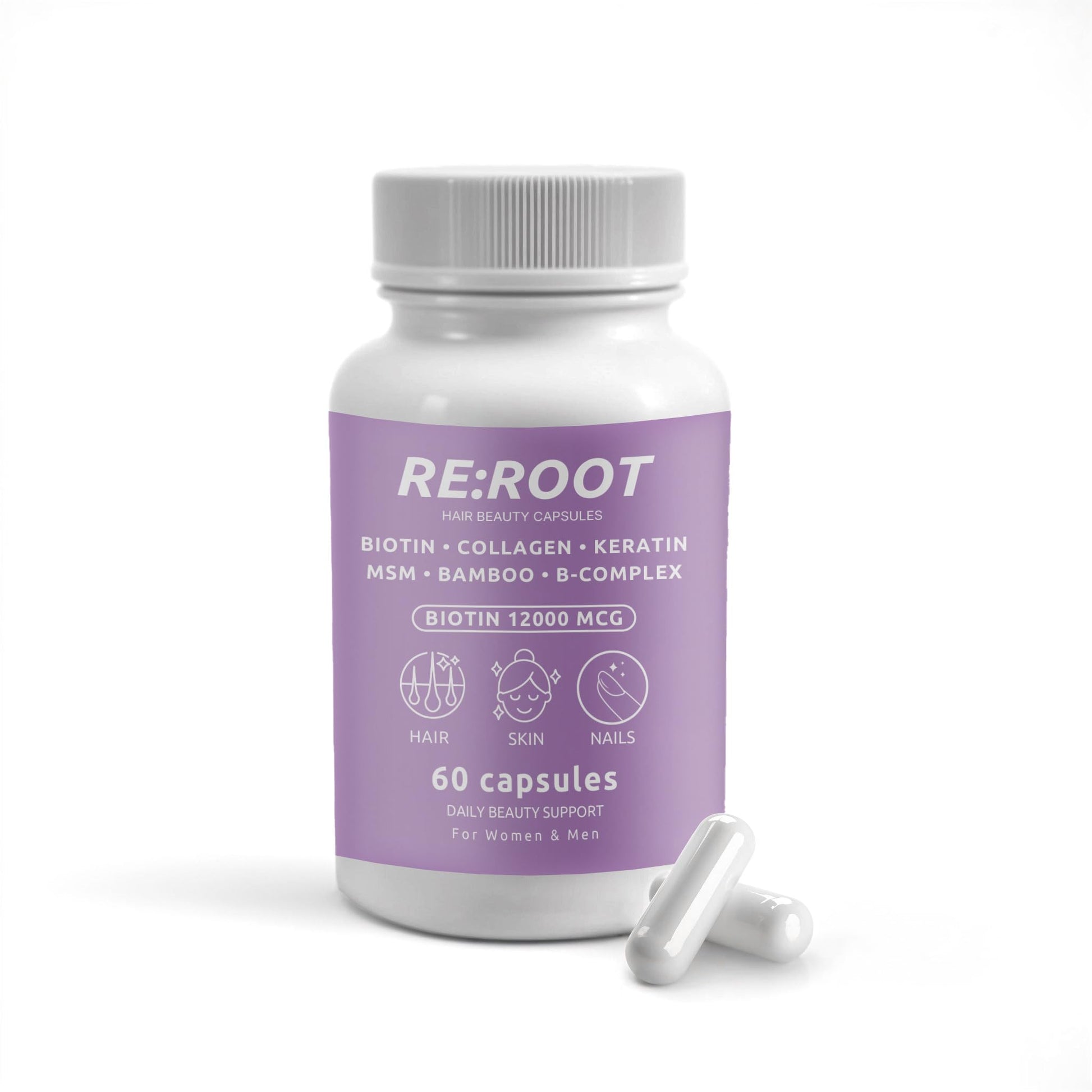 RE:ROOT Biotin Hair Growth Supplement 12,000 mcg - Vegan Capsules, 60 Capsules