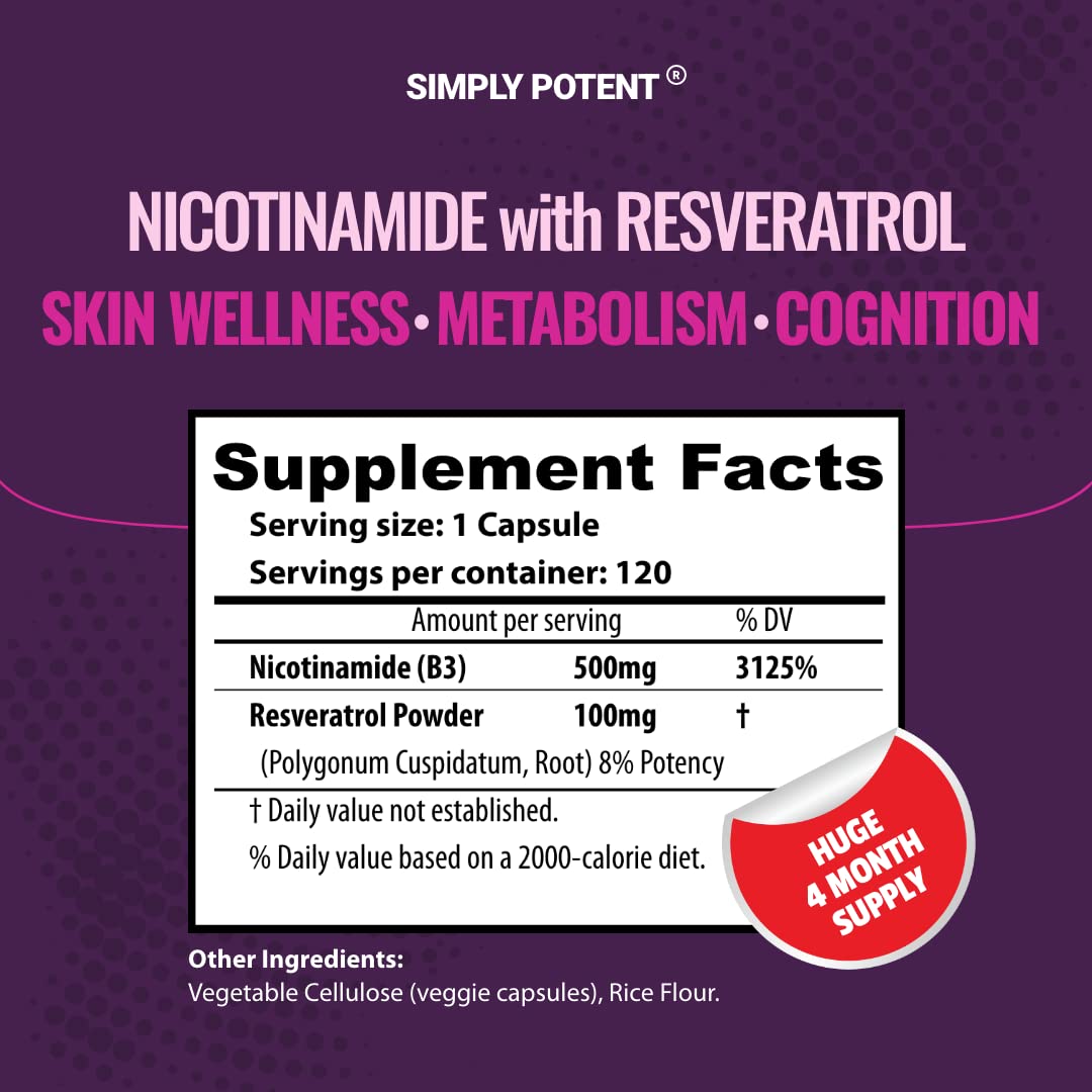 Simply Potent Nicotinamide 500mg with Resveratrol 100mg Veggie Capsules, 120 Count