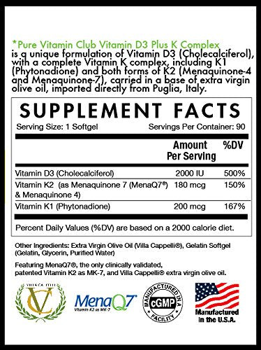 Pure Vitamin Club Vitamin D3 Plus K Complex Capsules 100 Count