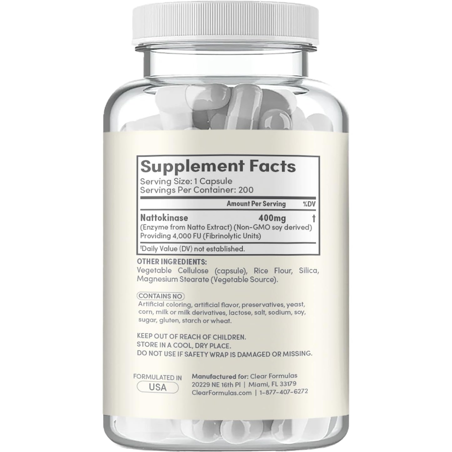 Clear Formulas Nattokinase 4000 FU Enzyme Supplement 200 Capsules