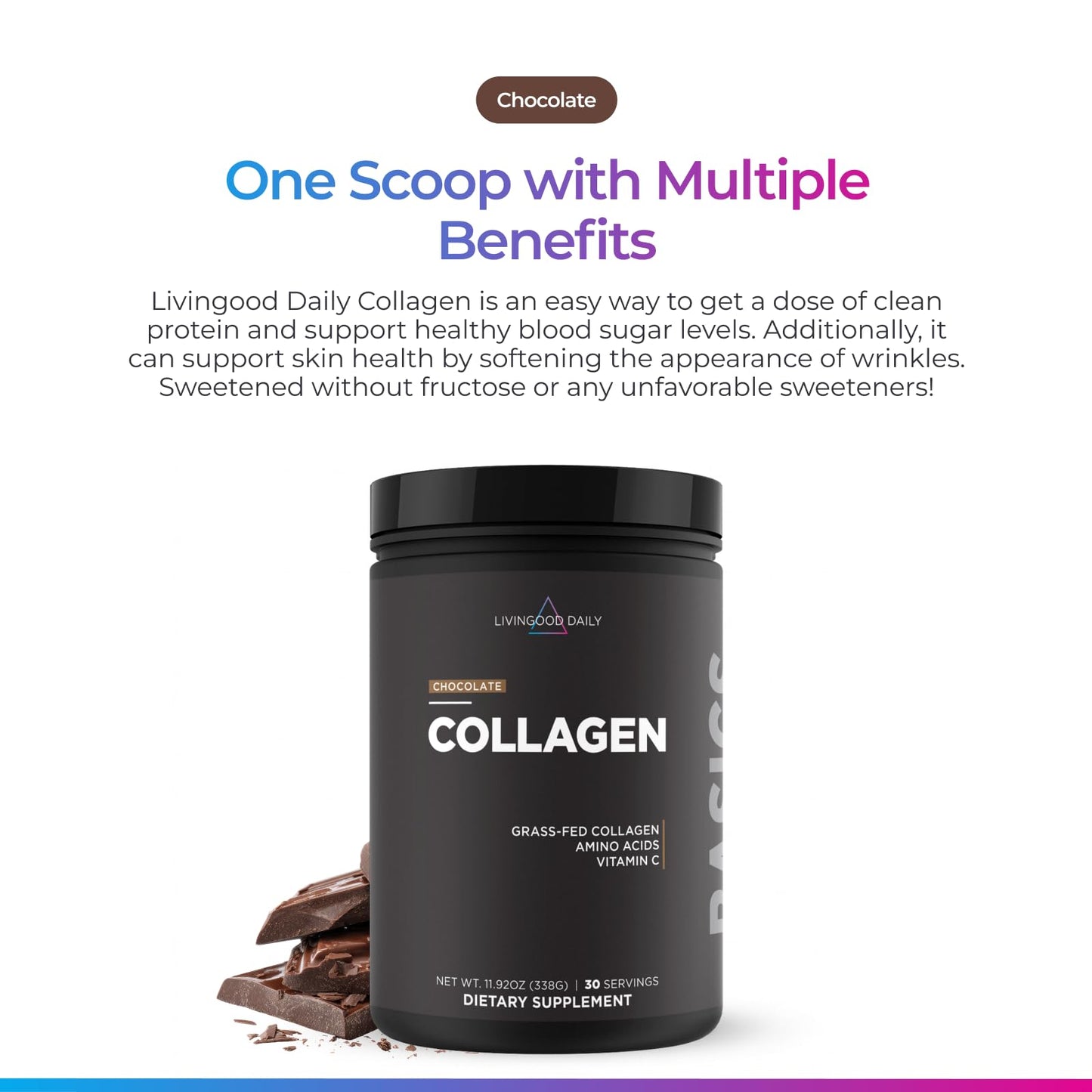 Livingood Daily Chocolate Collagen Peptides Powder, Type I & III, 30 Serv, 12.34