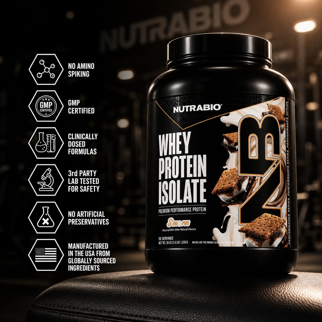 NutraBio 100% Whey Protein Isolate Protein Powder S'Mores, 55 Servings