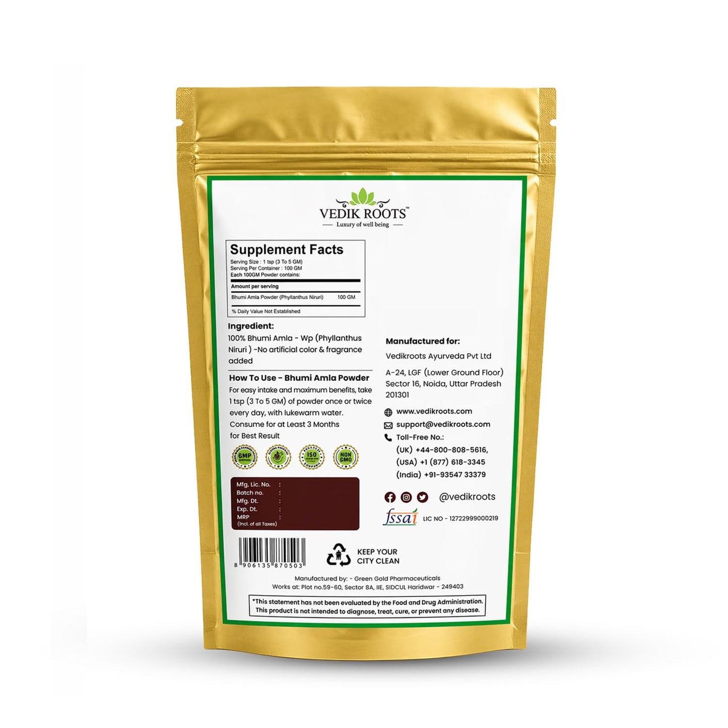 VEDIKROOTS Bhumi Amla Powder/Churn - Organic and Pure Ingredient Extract for Healthy Liver Functioning and Digestive Strength Enriched with Essential Nutrients, Powder, 3.5274