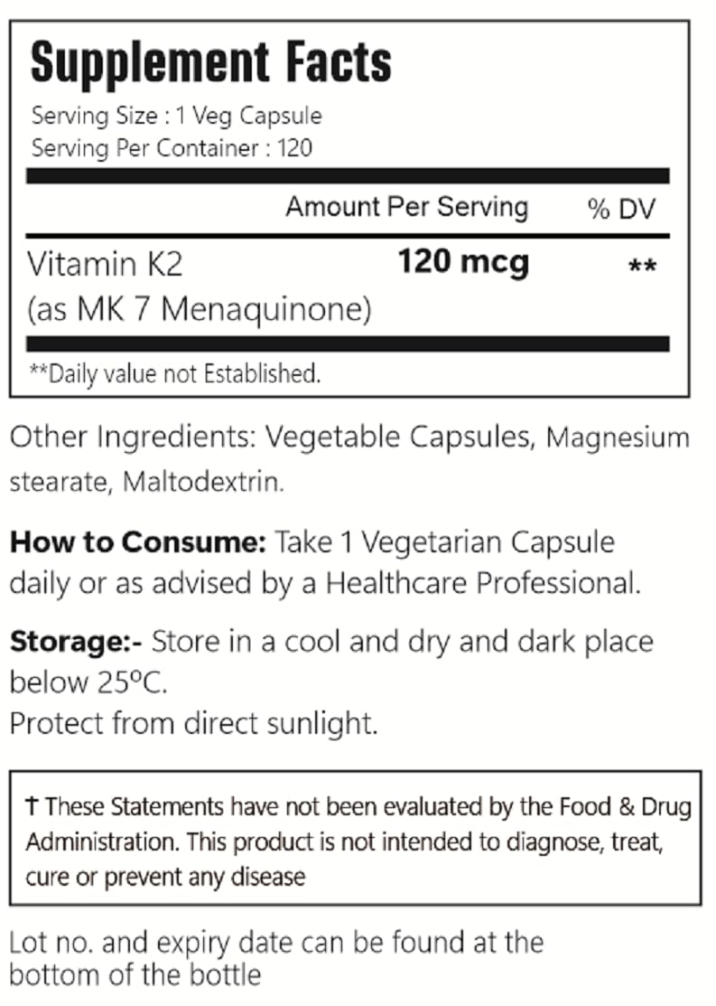 VitaCosmoX Vitamin K2 MK-7 Supplement Capsule 120 Count