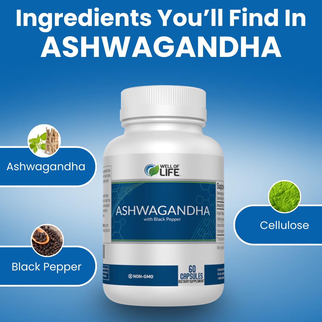 Well of Life Ashwagandha 650mg with BioPerine Black Pepper Extract Capsule, 60 Count
