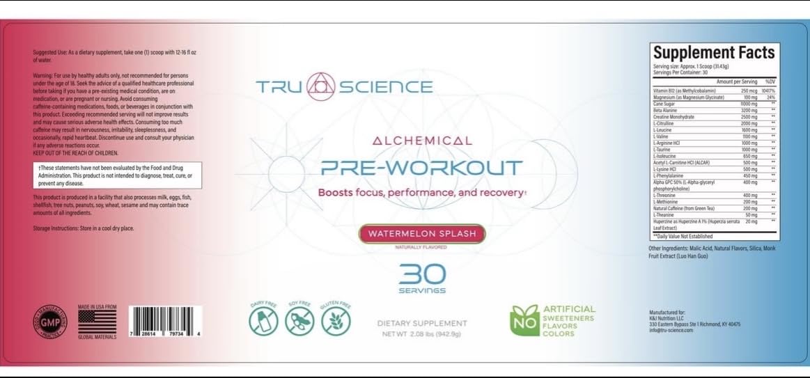 Tru Science Alchemical Pre-Workout Supplement Watermelon Splash Powder, 30 Servings