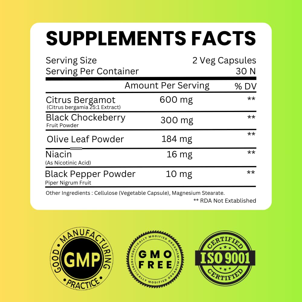SAIKOU HERBS Citrus Bergamot 1110mg 5-in-1 Cardiovascular Wellness Formula with Black Chokeberry, Olive Leaf, Niacin & Black Pepper, 60 Capsules