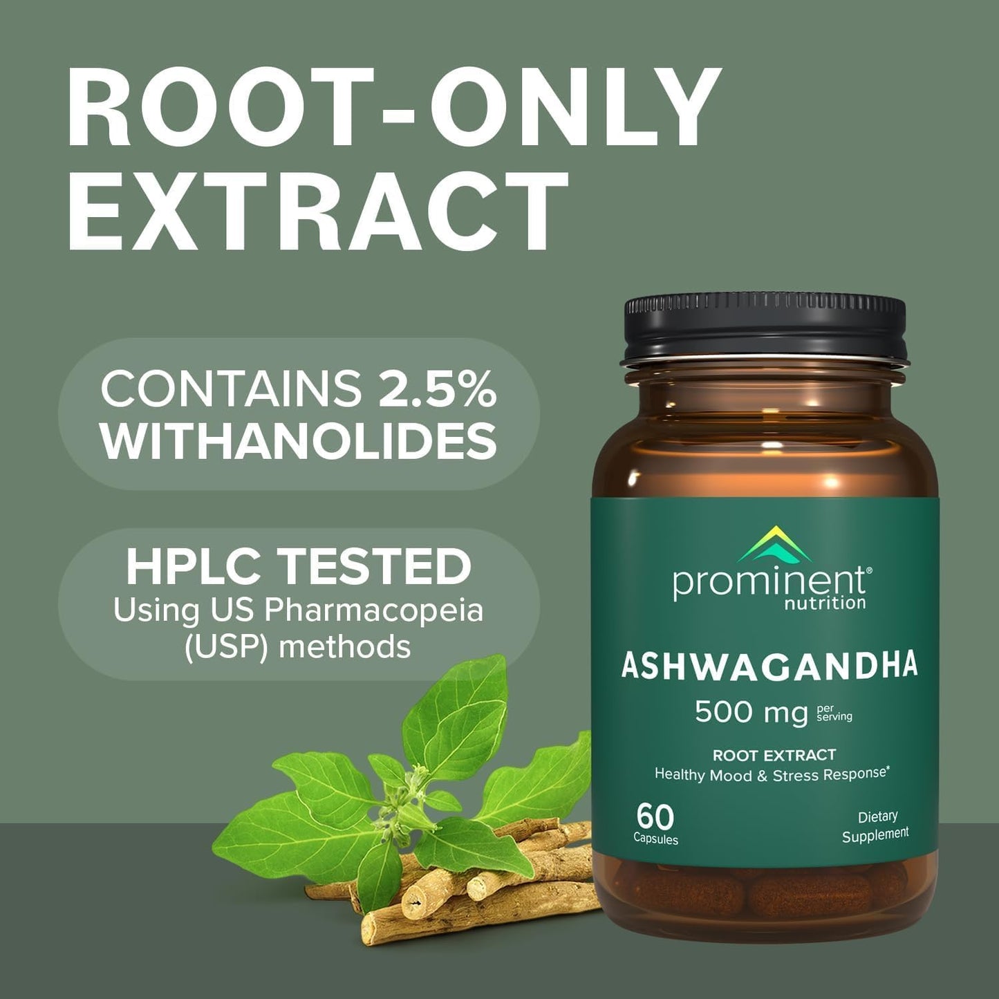 Prominent Nutrition Ashwagandha Root Extract 500 mg, Standardized to 2.5% Withanolides, Capsules, 120 Count