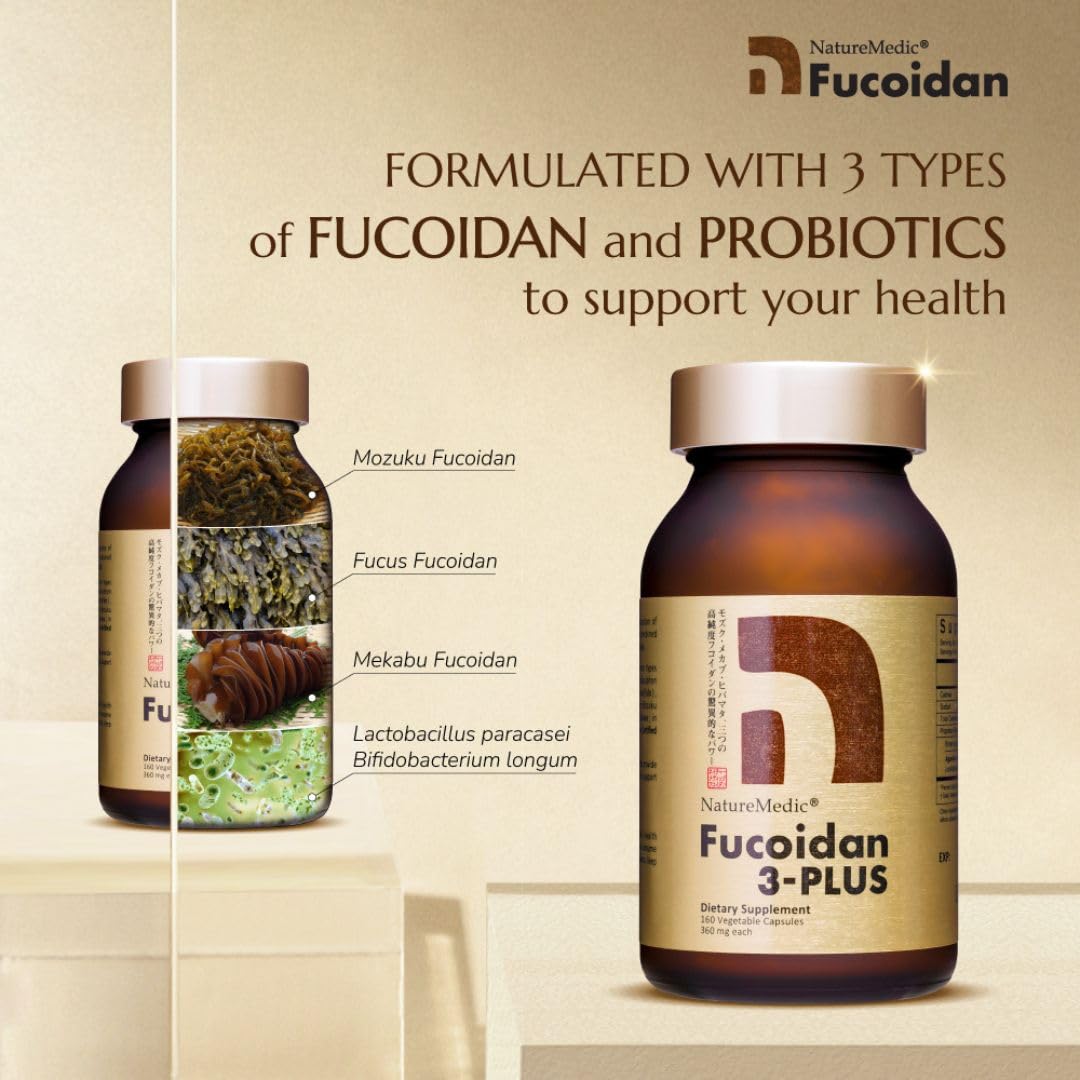 FUCOIDAN 3-PLUS Fucoidan Brown Seaweed Immunity Supplement with Three Types of High Purity Fucoidan Organic Mekabu Fucus Mozuku Agaricus, 160 Capsules