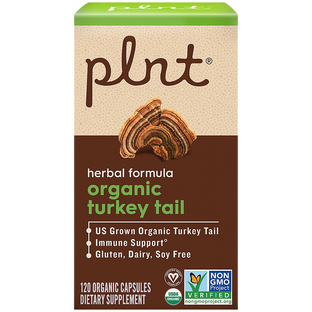 PLNT Organic Turkey Tail Mushroom Herbal Formula for Immune Support Capsules 120 Count