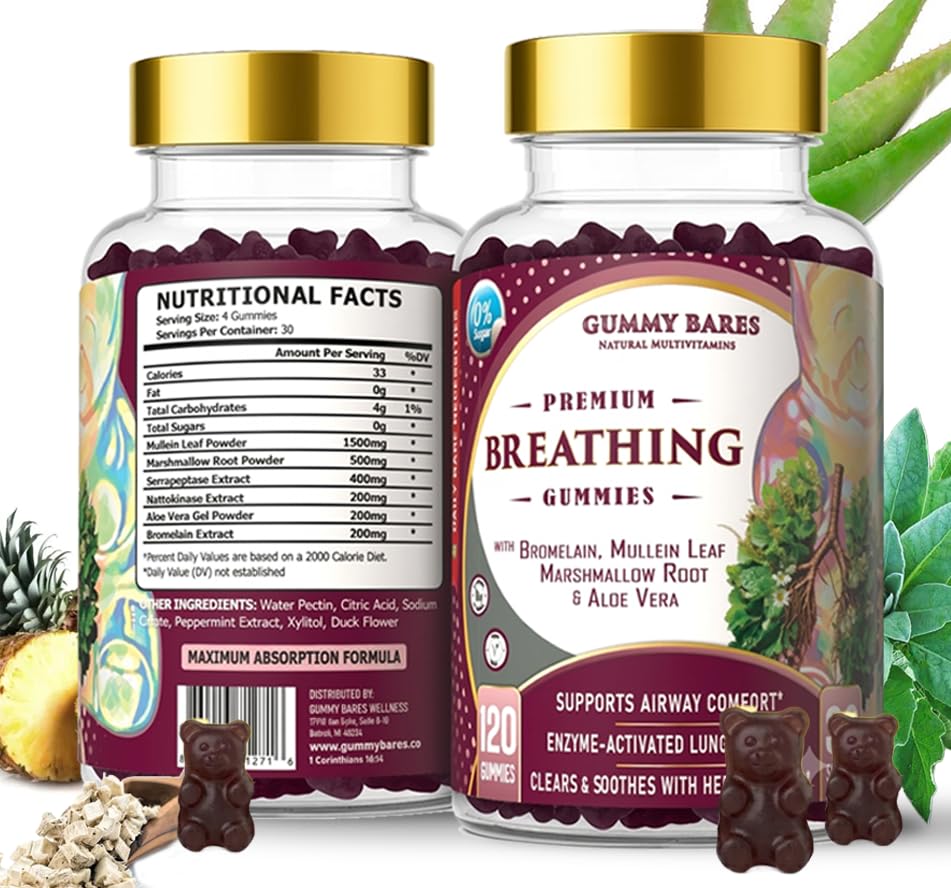 Gummy Bares Natural Multivitamins Mullein Leaf & Marshmallow Root Gummies – Lung Cleanse & Mucus Removal with Bromelain, Nattokinase, Serrapeptase Detox, 120 ct