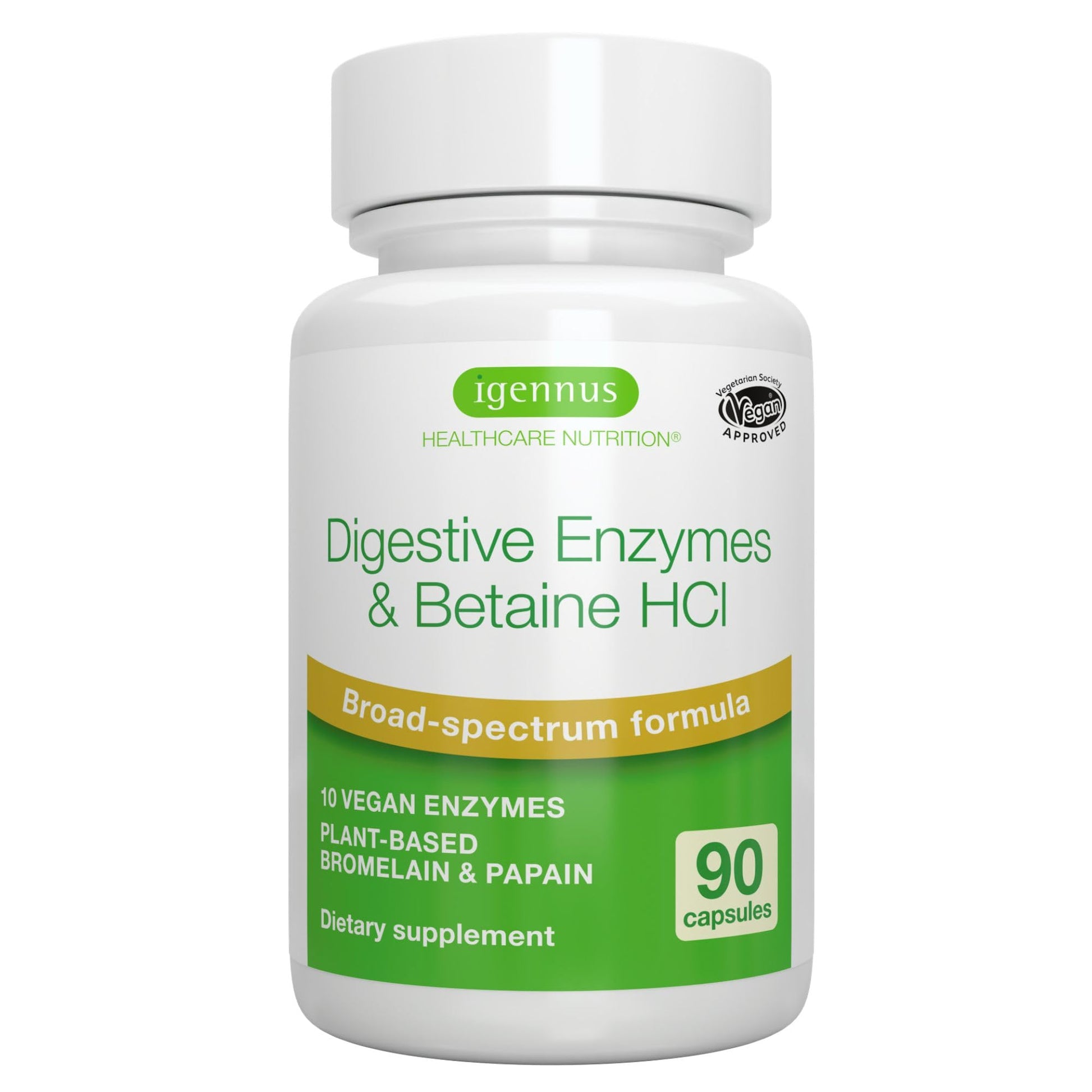 Igennus Healthcare Nutrition Fast Action Digestive Enzymes & Betaine HCl, 10 Broad Spectrum Enzymes with Protease, Lipase & Lactase, Papain & Bromelain, Plant-Based Vegan, Clean Label, for Women and Men, Capsule, 90