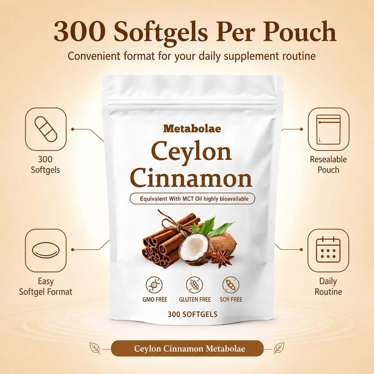 BELANO Metabolae Ceylon Cinnamon with MCT Oil, 300 Softgels