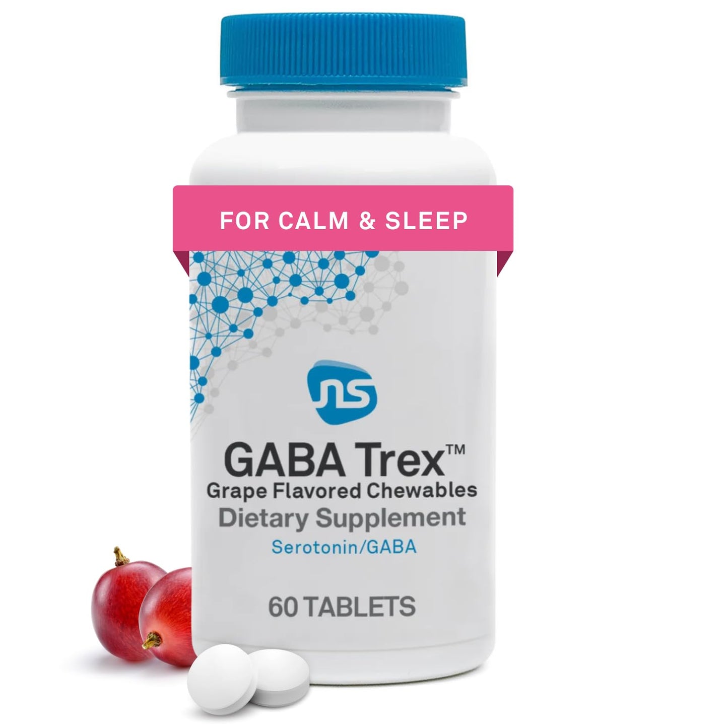 NeuroScience GABA Trex Tablets - Chewable GABA & L-Theanine Supplement and Calm Aid for Rest, Relaxation and Stress Support - Vegan Sleep Aid, Grape Flavored, 60 Tablets