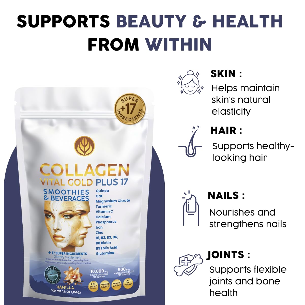 Gold Vital Life Collagen Peptides Powder - Hydrolyzed Collagen with +17 Super Ingredients, Vanilla Flavor, 16 oz