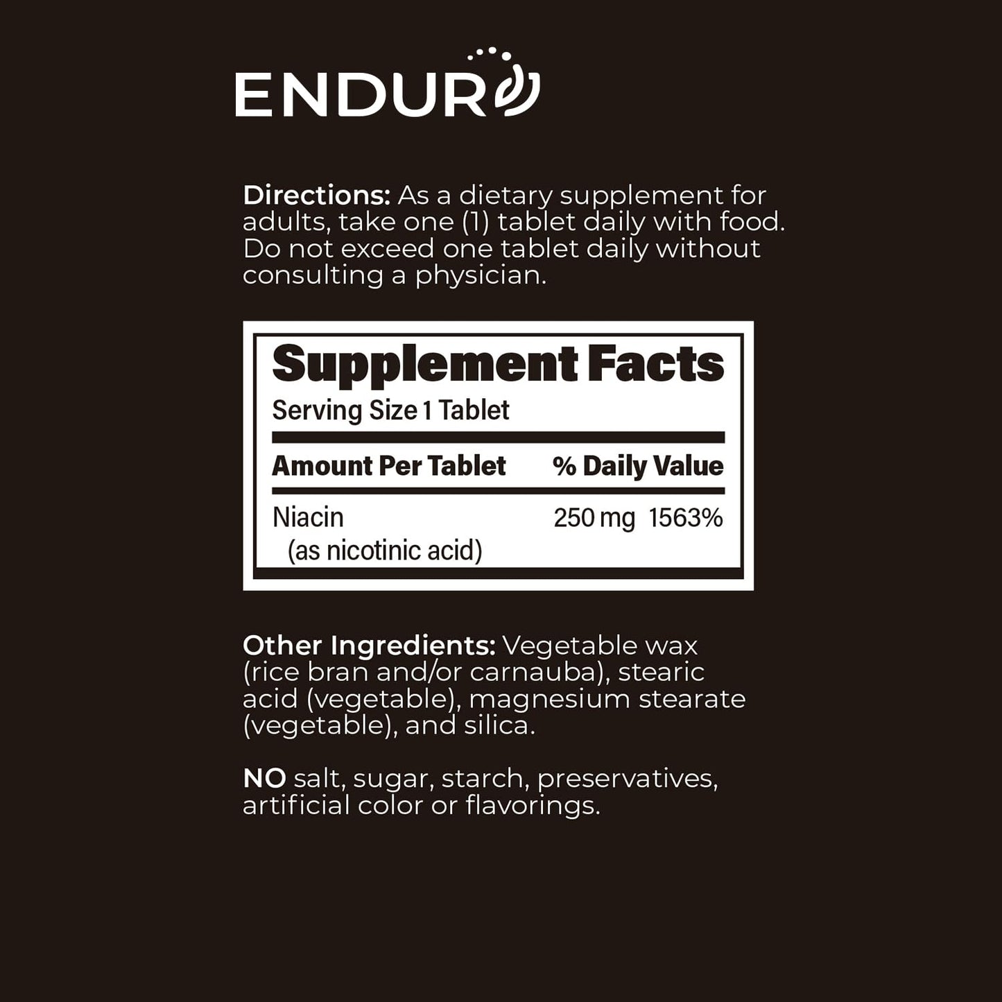 Endurance Products ENDUR-ACIN Extended Release Niacin 250mg Nicotinic Acid Tablet 200 Count