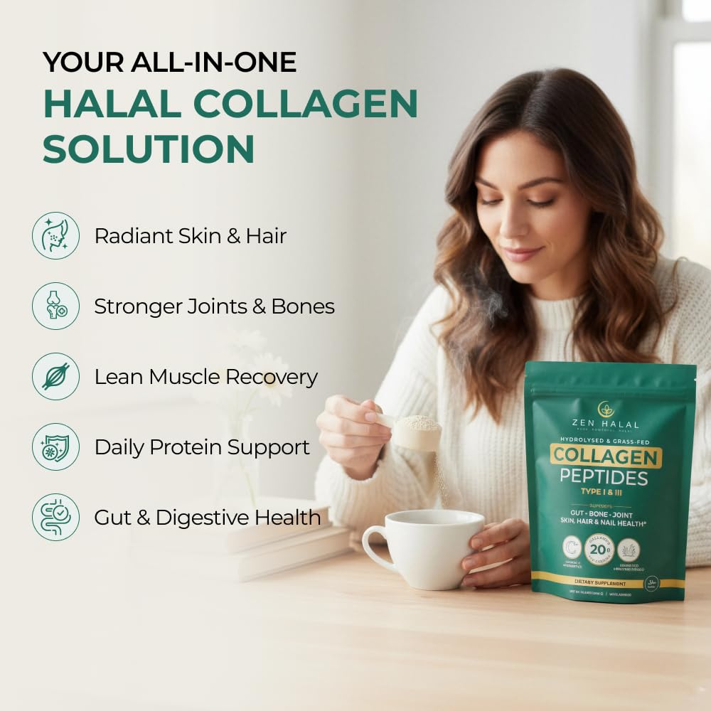 ZEN HALAL Collagen Powder with Vitamin C & Probiotic, Unflavored & Hydrolyzed Bovine Type I & III, Grass-Fed Halal, 14.3 oz