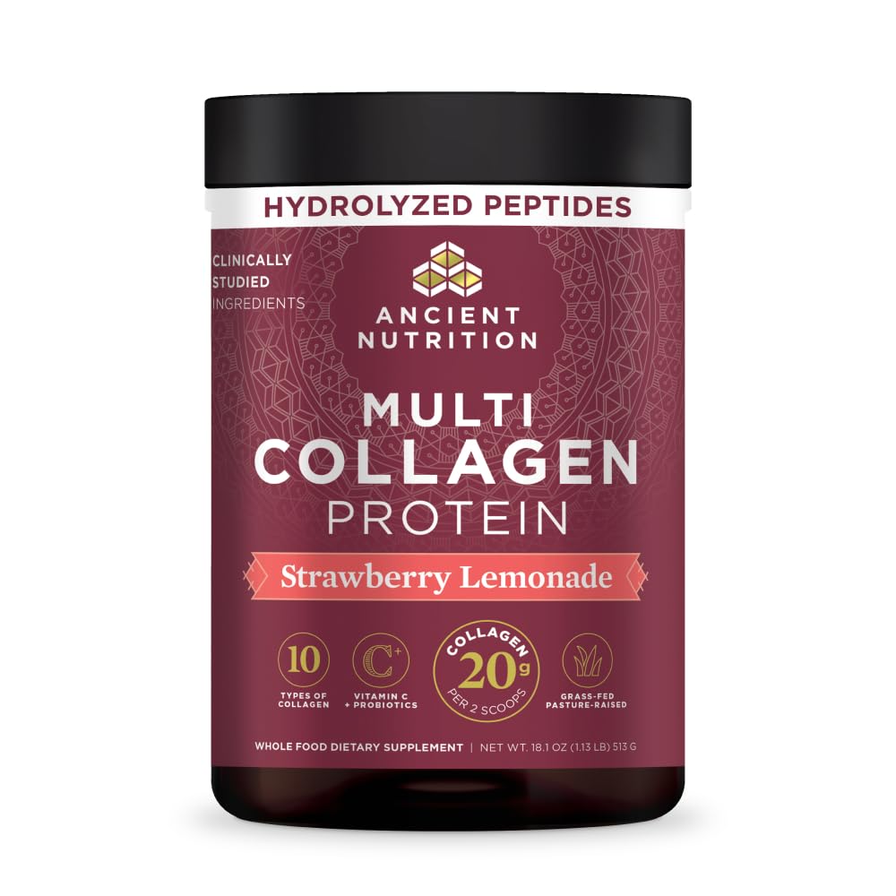 Ancient Nutrition Hydrolyzed Collagen Peptides Powder with Probiotics, Strawberry Lemonade Multi Collagen Protein for Women and Men with Vitamin C, 45 Servings, 18.1