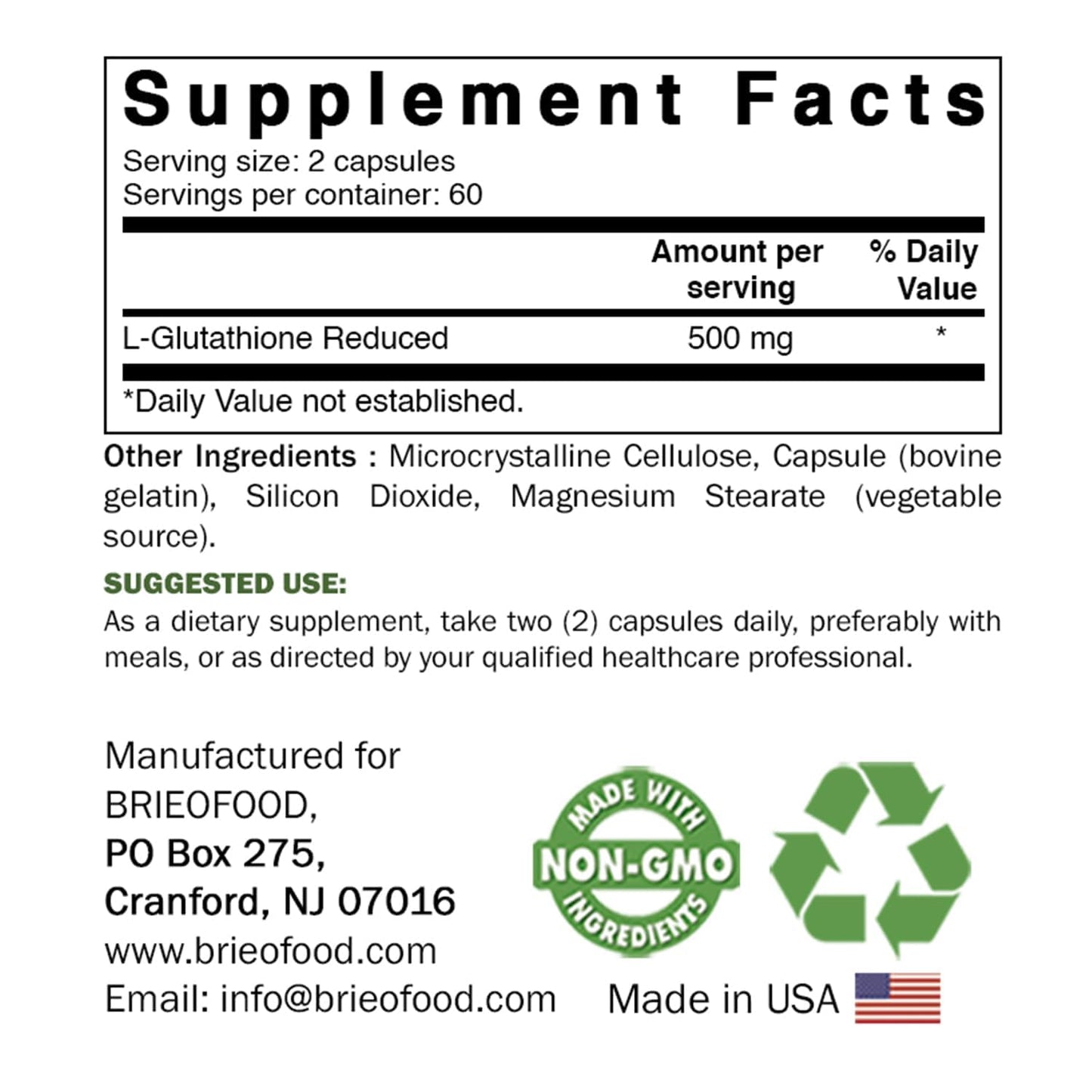 Brieofood Glutathione (Reduced) 500mg Capsule, 120 Count