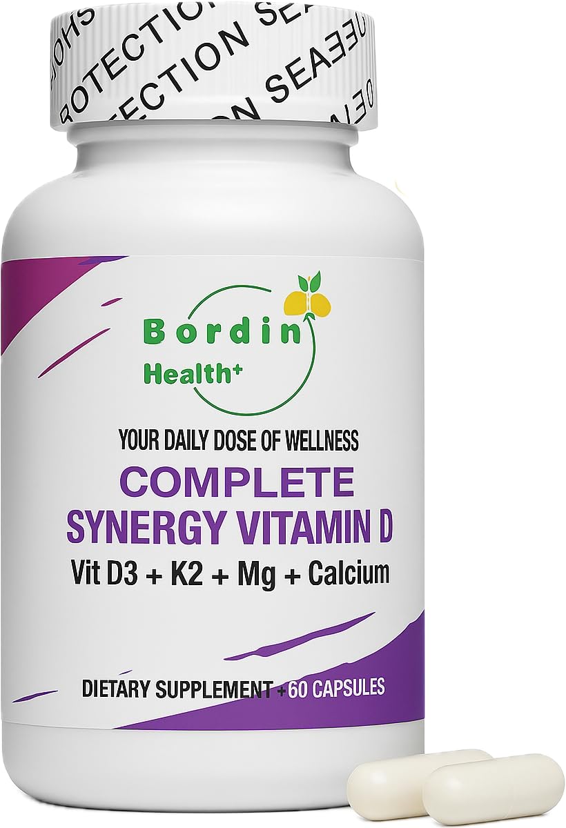 Bordin Health Complete Bone & Heart Support Vitamin D3 1000 IU + K2 MK7 with Magnesium & Calcium Synergistic Formula, High Absorption, 60 Capsules