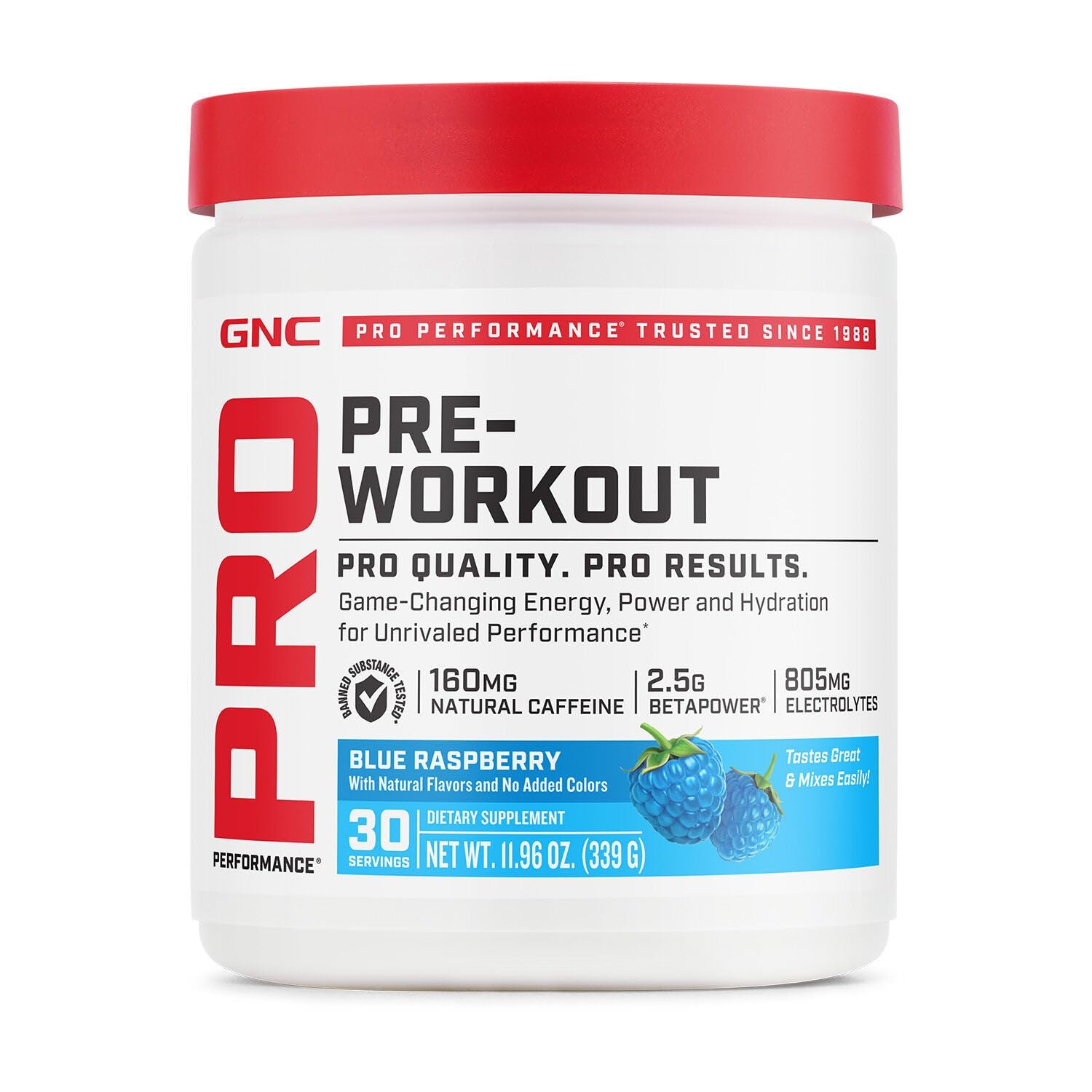 GNC Pro Performance Pre Workout Powder, Blue Raspberry, 11.96 oz, Sugar Free, Gluten Free
