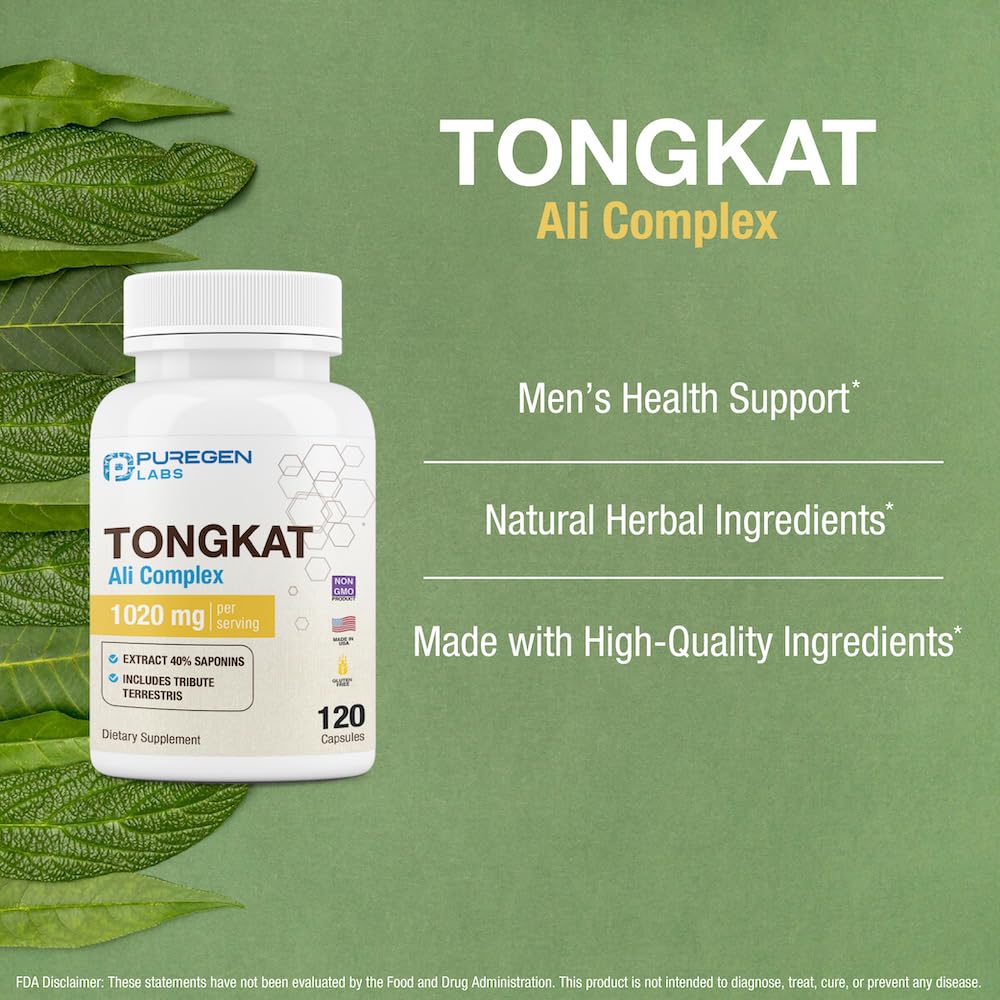 Puregen Labs Tongkat Ali Extract 200 to 1 for Men, 1020mg per Serving, High Potency with 20mg Tribulus Terrestris, 120-Count Capsules
