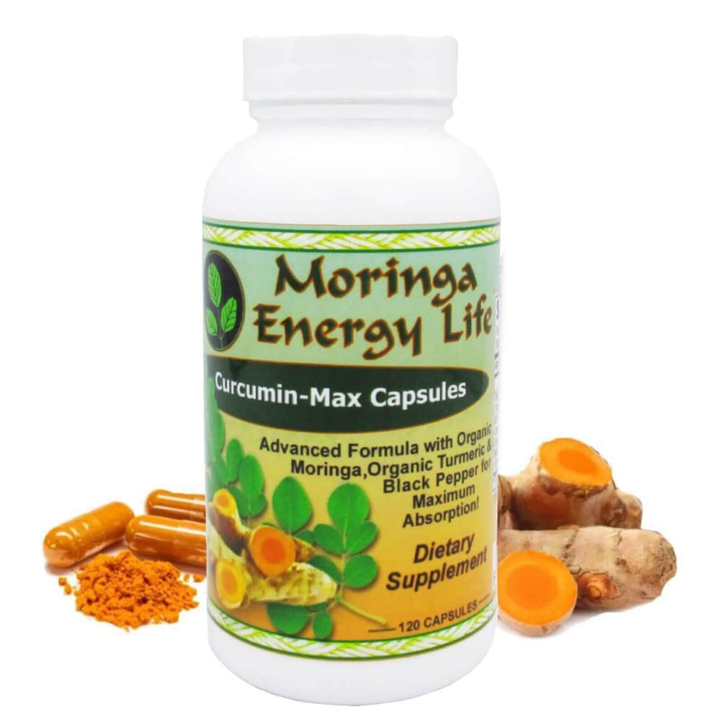 Moringa Energy Life Curcumin Max Turmeric Plus Moringa Capsules with Black Pepper, 120 Count