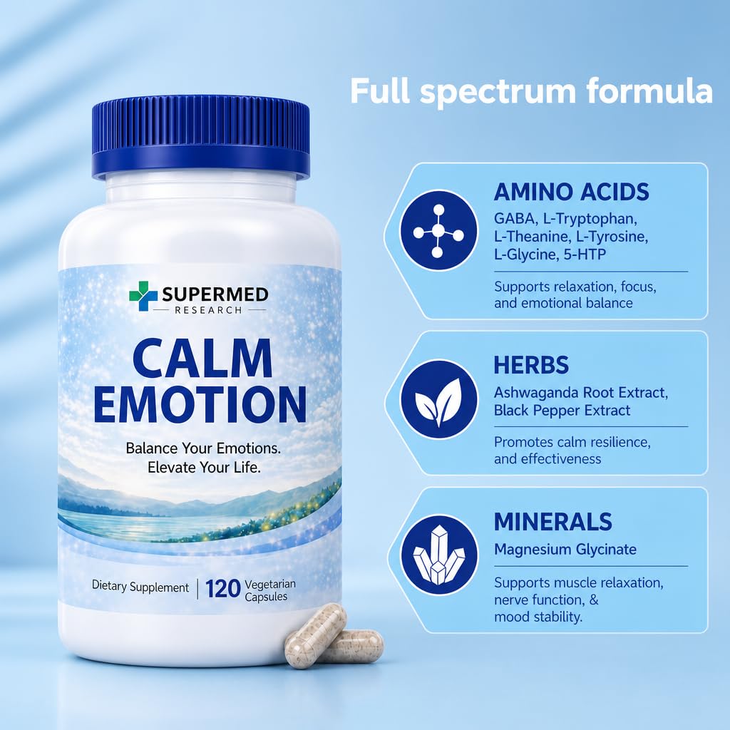 Supermed Research Mood Support Supplement with GABA, Ashwagandha, L-Theanine, L-Tyrosine, L-Glycine, 5-HTP & Magnesium, 120 Capsules