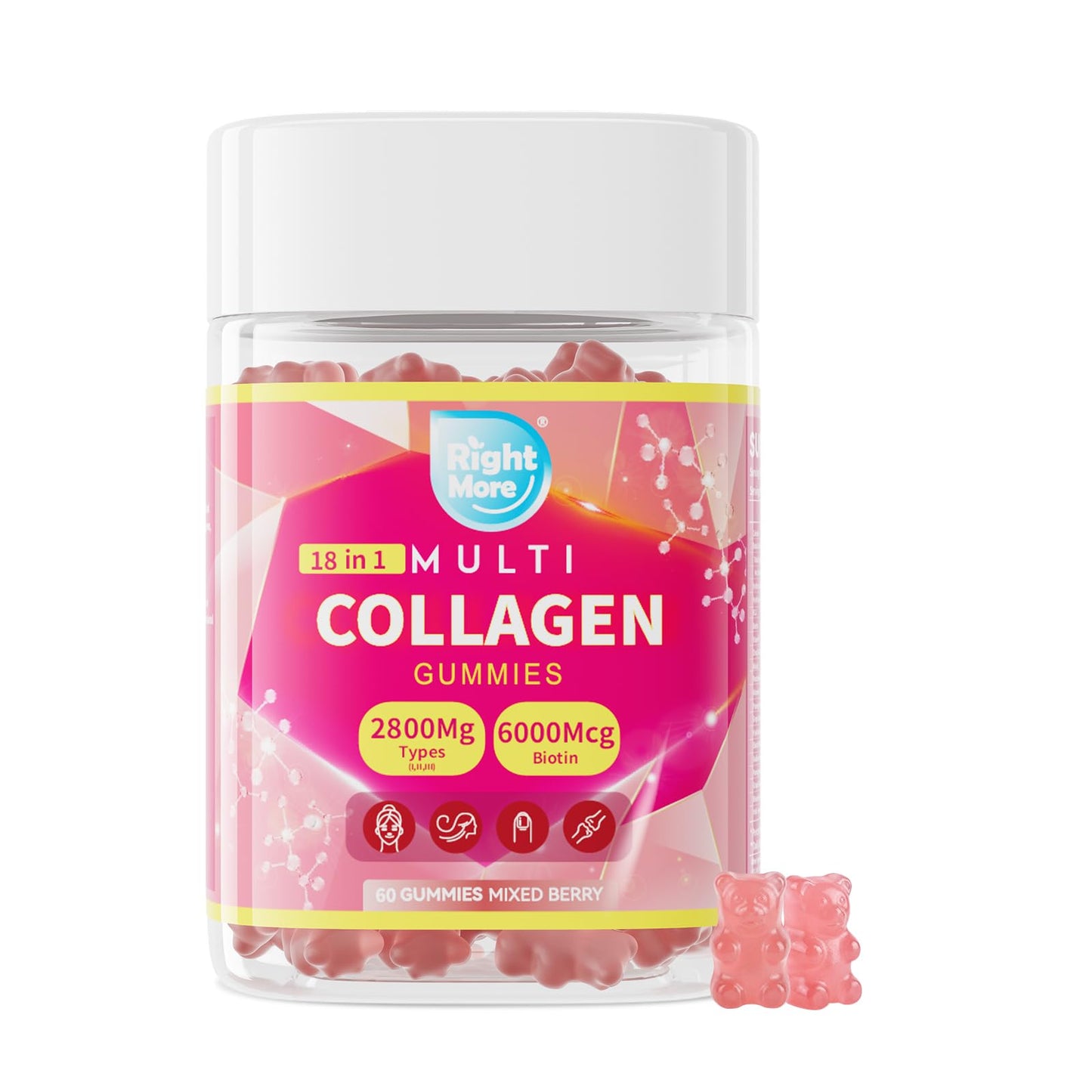 Right More 18-in-1 Collagen Gummies for Women Men – Multivitamin Biotin 6000mcg Zinc Hyaluronic Acid for Skin Hair Nails – Mixed Berry, 60 Gummies