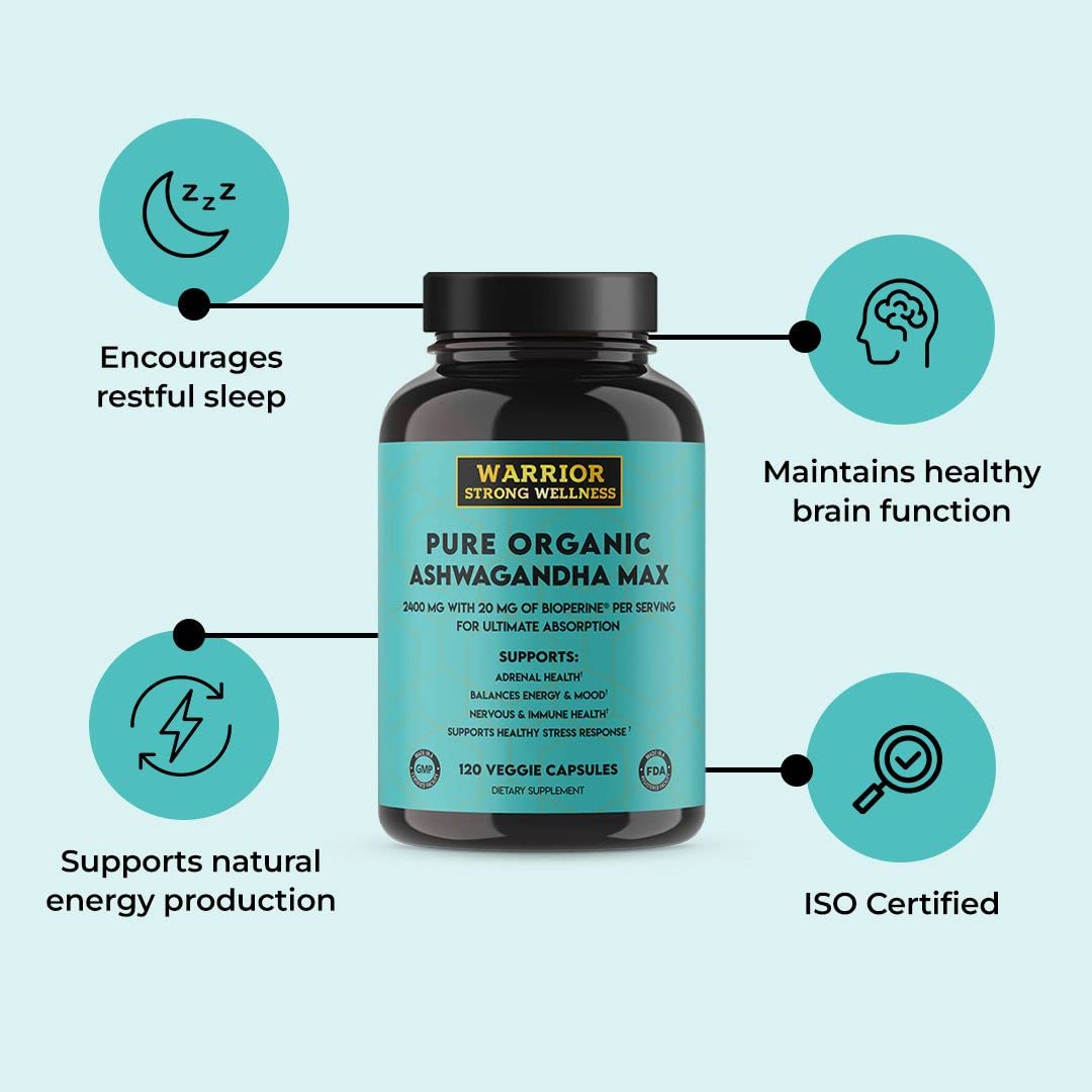 Warrior Strong Wellness Pure Organic Ashwagandha with Bioperine, 120 Capsules