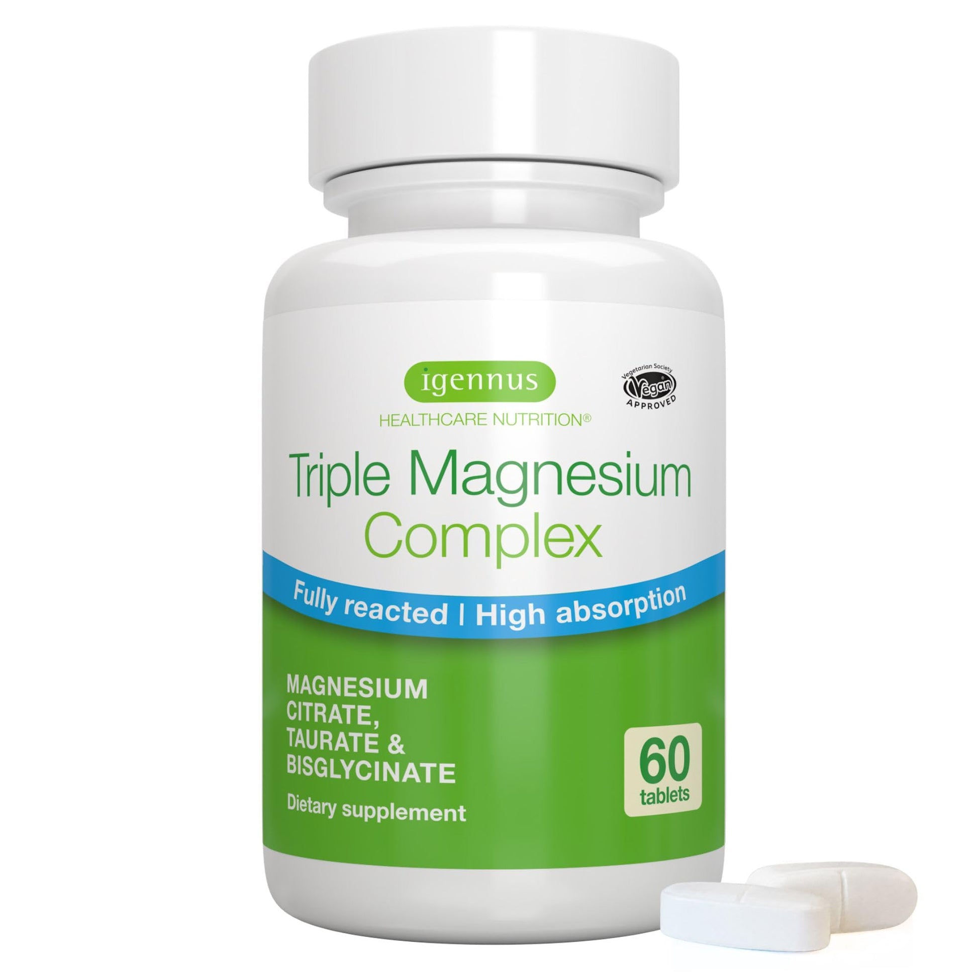 Igennus Healthcare Nutrition Superior Triple Magnesium Complex Fully Reacted & Chelated Glycinate, Taurate & Citrate, Clean Label, High Bioavailability & Absorption, 60 Tablets